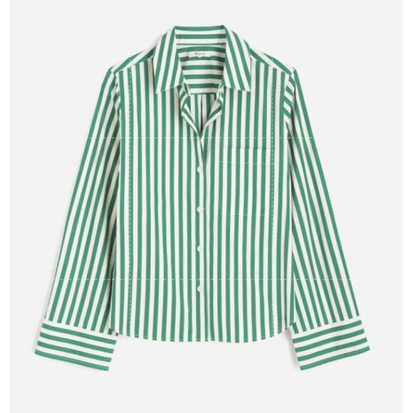Madewell Poplin Easy Y-Neck Button-Up Shirt WMNS L Green White Sriped NU737 LS - Picture 3 of 8